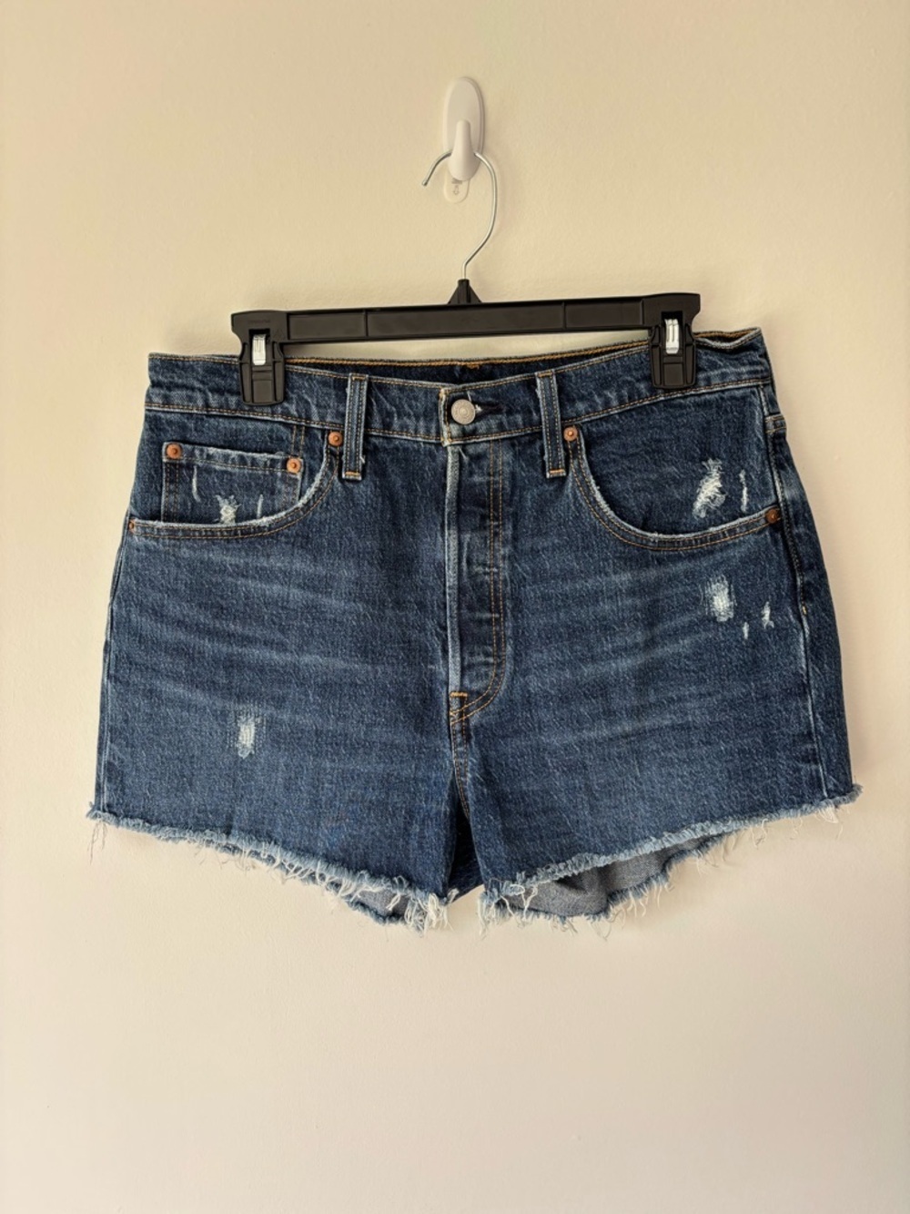 Levi’s Premium 501 Jean Shorts Dark Wash Lightly Distressed Button Fly High Rise